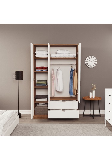 Moderno Trio 3 Kapaklı 2 Çekmeceli Gardırop Şık Ve Fonksiyonel Depolama Alanı Atlantik Çam - Beyaz
