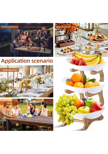 Reedark 3 Katlı Bambu Ayaklı Pratik Mutfak Servis Tepsisi - Pasta Ve Meyve Sunumu İçin Beyaz