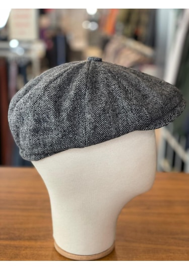 Hamze Peaky Blinders Tarz İngiliz Model Balıksırtı Desen Kaşe Kumaş Kasket Şapka Gri