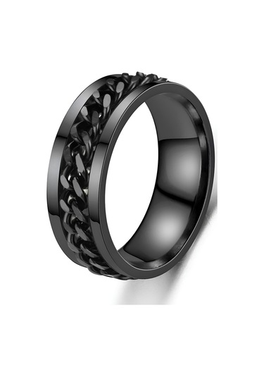 Ortası Dönebilen Zincirli Erkek Kadın Anti-stres Çelik Alyans Yüzük Cl43 Siyah