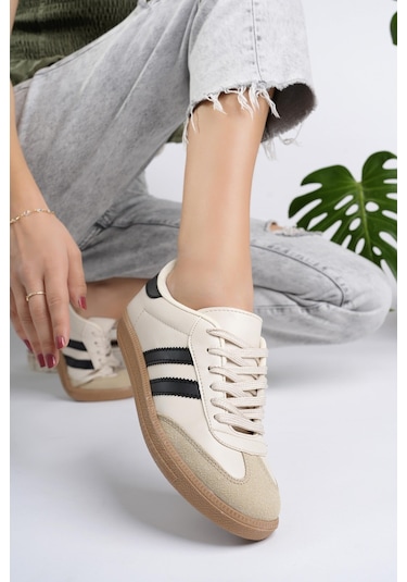 Muggo Gordon Unisex Ortopedik Günlük Garantili Bağcıklı Yürüyüş Koşu Sneaker Spor Ayakkabı Bej