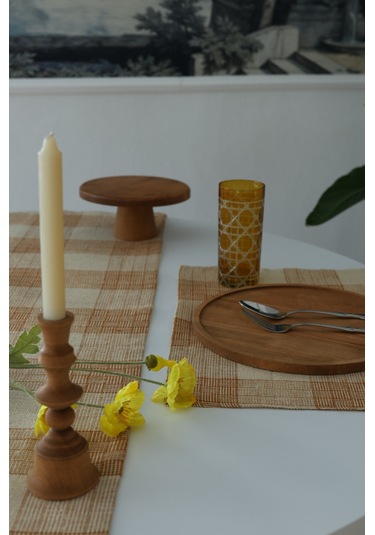 Yakacihome Juta Tarçın 5 Parça 4 Parça Amerikan Servis & 1 Parça Püsküllü Runner Jüt Kumaş Sofra Seti Tarçın