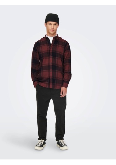 22022446 Only & Sons Onssoll Ls Check Shirt Erkek Gömlek Tawny Po Bordo