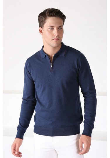 Ferraro Lacivert Polo Yaka Fermuarlı Erkek Pamuk Kazak Lacivert