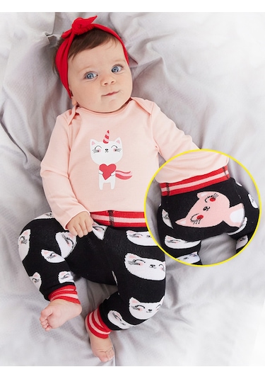 Denokids Kedi Kız Bebek Body Tayt-Pantolon Takım Çok Renkli