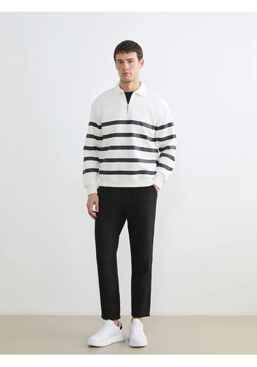 Lc Waikiki Beyaz Polo Yaka Çizgili Erkek Kalın Sweatshirt