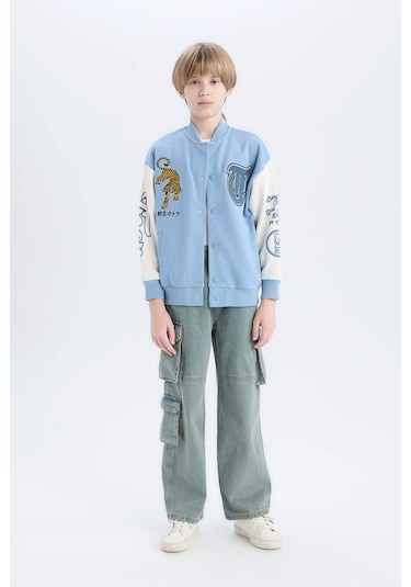Defacto Erkek Çocuk Baskılı Kolej Yaka Bomber Hırka D9832a825spbe316 Mavi