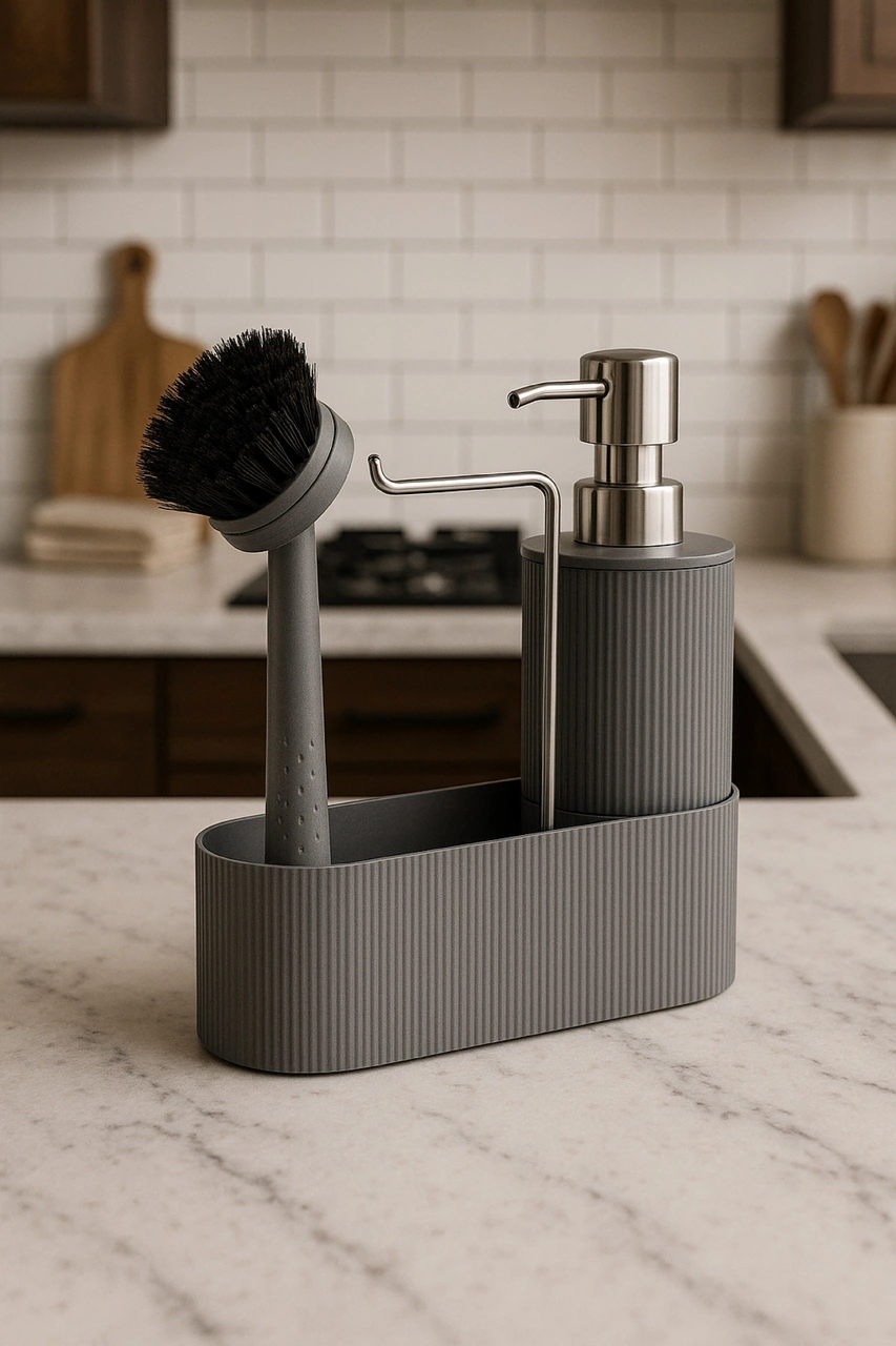 Mutfak Tezgahı Düzenleyici Set Sıvı Sabunluk Ve Bulaşık Fırçası Aparatlı Dc-6776 Gri