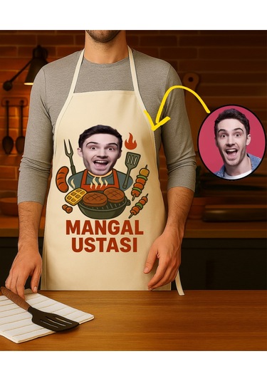 Kişiye Özel Karikatür Fotoğraflı Mutfak Önlüğü Mangal Ustası Krem