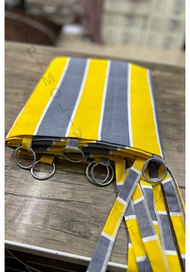 Devrim Olivya Tekstil Mavi-beyaz Çizgili Lüks Halkalı Balkon Perdesi - Özel Dikim, Dayanıklı Branda Sarı Gri