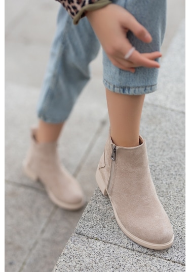 D404 Garantili Soğuk Geçirmez Kışlık Kadın Bot & Bootie Vizon-Süet