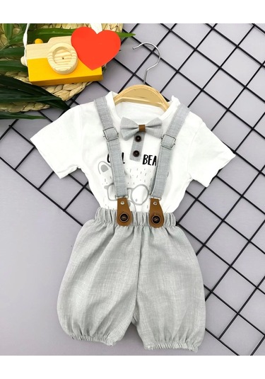 9-12-18-24 Ay Papyon Detaylı Keten Şort Salopet Tişörtlü 2li Erkek Bebek Takımı Gri