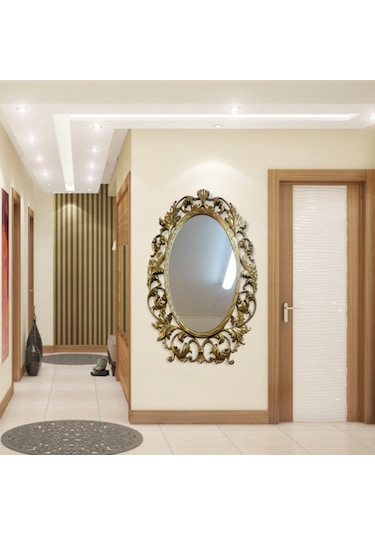 103Cm Sarı Yaldız İşlemeli Oymalı Desenli Rustik Duvar Boy Aynası Sarı