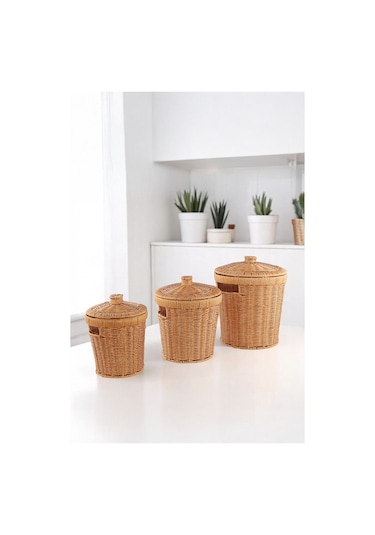 3'lü Hasır Kapaklı Patates Soğan Sepeti Seti Rattan Görünümlü Çok Amaçlı Mutfak Sepeti Kahverebgi