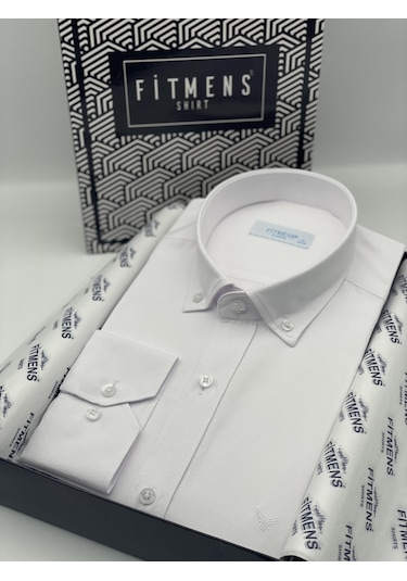 Fitmens Klasik Uzun Kol Yaka Düğmeli Cepsiz Erkek Hediye Kutulu Gömlek Code: Kr.9510 - Beyaz - Beyaz