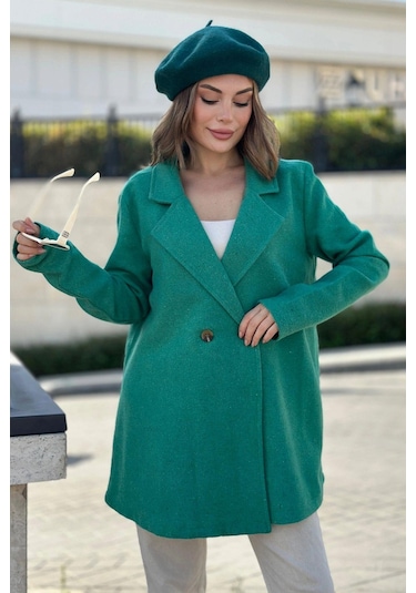 Kadın Yeşil Astarlı, Kruvaze Ceket Yaka, Tek Düğme, Rahat Kalıp, Fitilli Kaşe Kumaş Kaban Yeşil