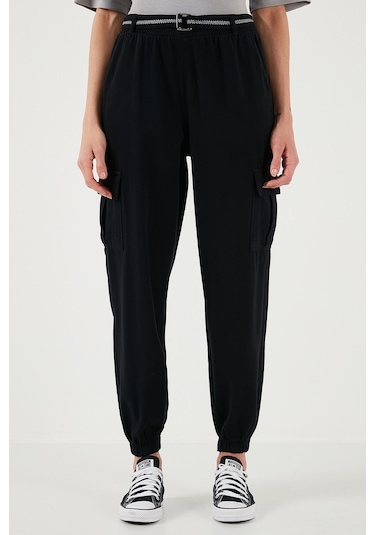 Lela Pamuklu Standart Fit Normal Bel Lastikli Paça Kemerli Jogger Bayan Pantolon 668Yp5045 Siyah