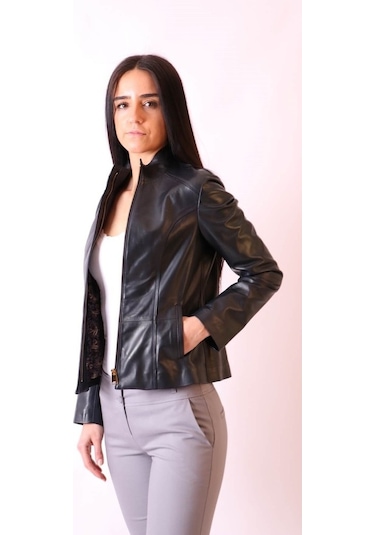 Hakiki Deri Hakim Yaka Slim Lacivert Ceket