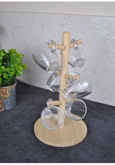 6 Kişilik Ahşap Standlı Mini Kahve Bardağı Seti 75 Ml Paşabahçe Espresso Bardak Şeffaf