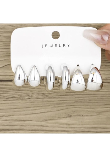 6 Adet Tıknaz Altın Kaplama Su Damlası Hoop Küpe Seti Kadınlar Için Avrupa Ve Aya5809801 1.50 CM-Gümüş