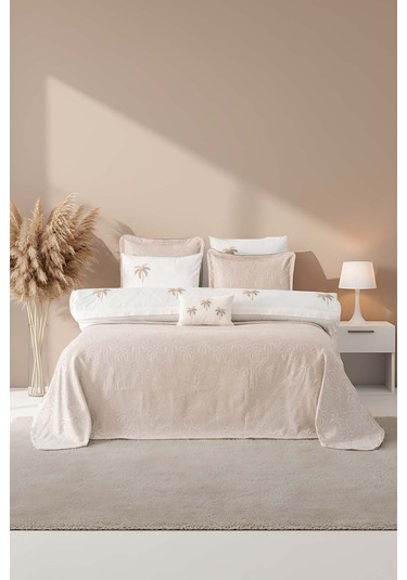 Palmiye Vizon Nakışlı Çift Kişilik Nevresimli Pike Seti - 8 Parça Çeyiz Seti Vizon