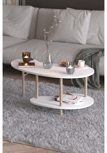 Fasülye Orta Sehpa Ahşap Ayaklı Sehpa Iki Raflı Sehpa Dekoratif Sehpa Gazetelikli - Beyaz