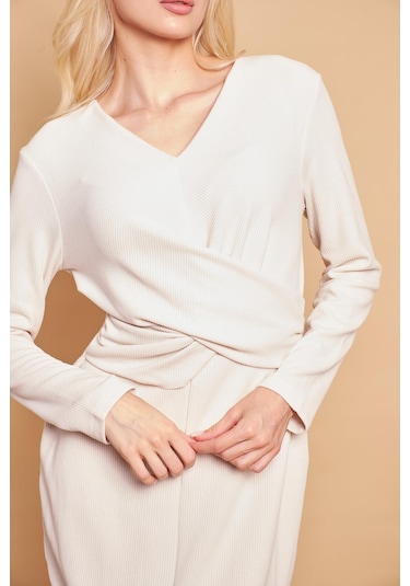 V Yaka Önü Çapraz Önden Yırtmaçlı Diz Altı Hafif Likralı Triko Elbise-şampanya Şampanya