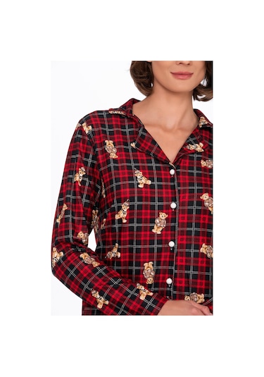 Kadın Süet Önden Düğmeli Pijama Takımı Ayıcık Desen Ayı Desen