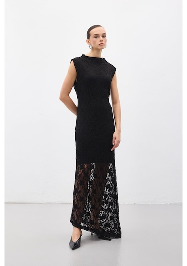 Sateen Dantel Kolsuz Elbise - Siyah-137060 Siyah