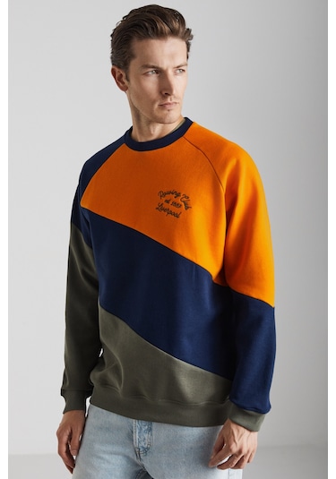 Colway Erkek Organik Pamuk Renk Bloklu Nakışlı Içi Polarlı Lacivert/haki/turuncu Sweatshirt