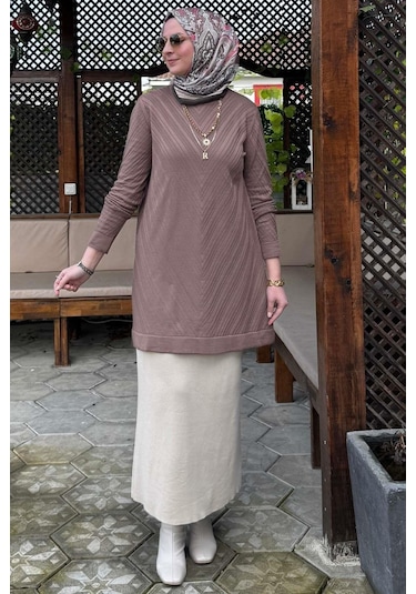 Rabia Şamlı Damla Triko Tunik Sütlü Kahve Çok Renkli