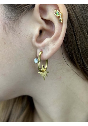 Zirkon Taşlı, Yıldız Figürlü, Paslanmaz Çelik Küpe 139, Altın Renk Altın