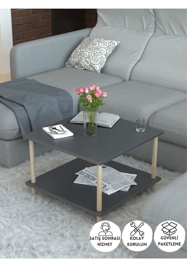 Kare Orta Sehpa Ahşap Ayaklı Sehpa Iki Raflı Sehpa Dekoratif Sehpa Gazetelikli-antrasit - 60x60