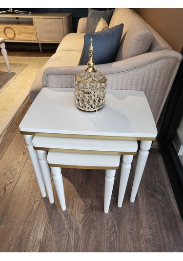 Akset 3lü Lüx Zigon Sehpa Beyaz Gold