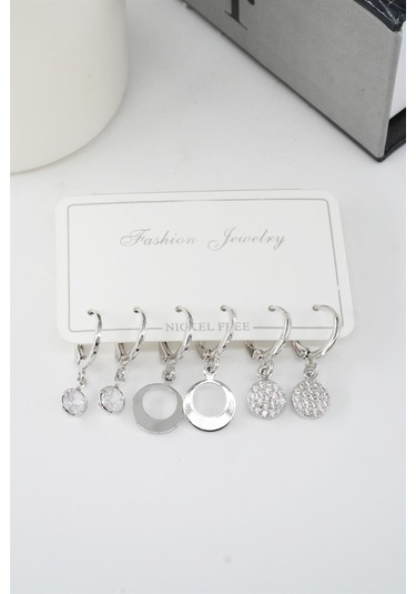 Kadın Zirkon Taşlı Sallantılı Oval Figürlü Klipsli 6'lı Küpe Seti Çok Renkli