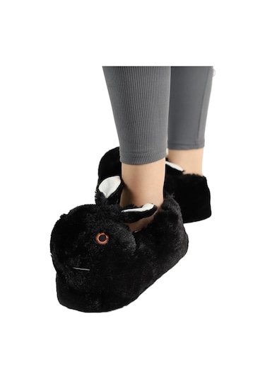 Peluş Tavşan Figürlü Kaymaz Ve Ses Yapmaz Ev Panduf Siyah-siyah Siyah