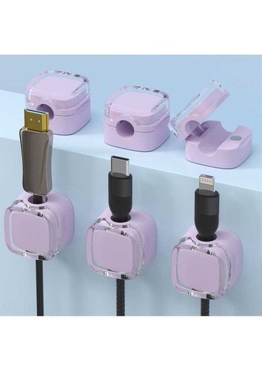 Fastbuy Masaüstü Manyetik Kablolu Organizatör: Kendine Yapışkan Klembi, Dizaynli Kablo Organizatör, 6 Adet, Mor