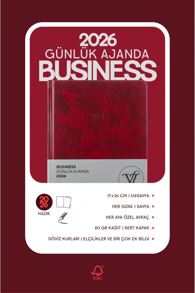 Victoria's Journals Business 2026 Günlük Ajanda 17x24cm Sert Kapak Ivory 80gr. Ayraçlı Bordo Bordo