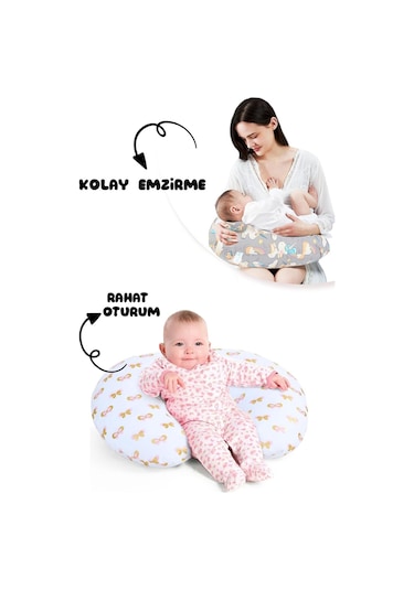 Çift Taraflı Bebek Emzirme Yastığı, Destek Minderi, Hamile Yastığı %100 Pamuklu Kumaş 001