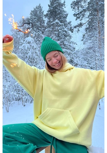 Madmext Sarı Kapüşonlu Şardonlu Oversize Sweatshirt Mg1566 Sarı