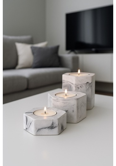 Dekoratif Tealight Mumluk Mermer Desenli