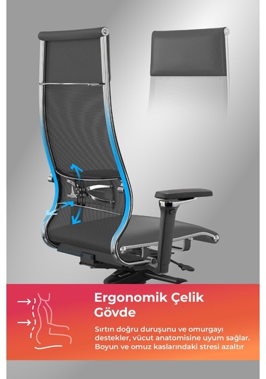 Samurai Ergonomik Koltuk Bel Destekli, Tekerlekli, Yükseklik Ayarlı, Yönetici Koltuğu -506.f.1.62 Koyu Gri