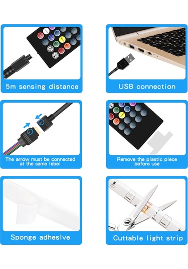 Dianziye 5v Usb Rgb Led Işık Şeridi 5050 30 Led/m, Müzik Ses Kontrolü, 20 Tuşlu Kumanda, Renk Değiştirme, Ev Dekorasyonu, 2m 60 Led