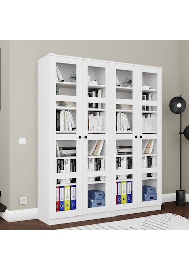 Lucas Cam Kapaklı Vitrin - Büfe - Kitaplık Ve Çok Amaçlı Dolap Ayarlanabilir Raf Beyaz