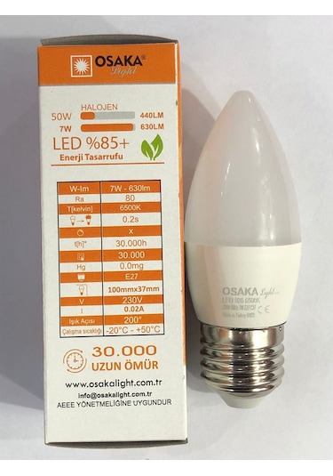 10 Adet Osaka 7w 50w 630 Lümen E27 Led Buji 6500 Kelvin Beyaz