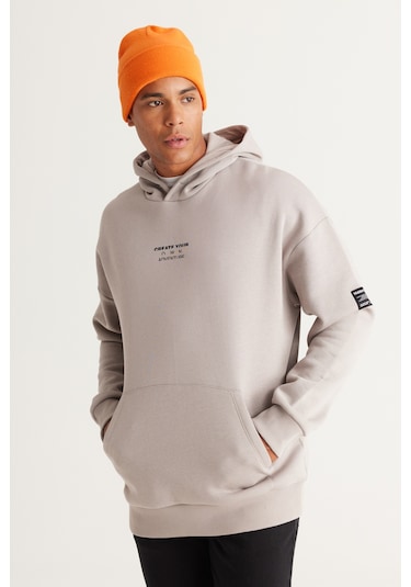 AC&Co / Altınyıldız Classics Erkek Acık Grı Oversize Fit Bol Kesim Kapüşonlu İçi Polarlı Pamuklu Sweatshirt Açık Gri