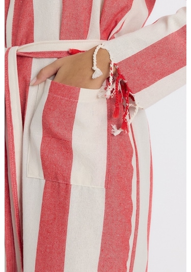 Mulberry Striped Peştemal Bornoz Banyo Ve Plaj Elbisesi Kırmızı