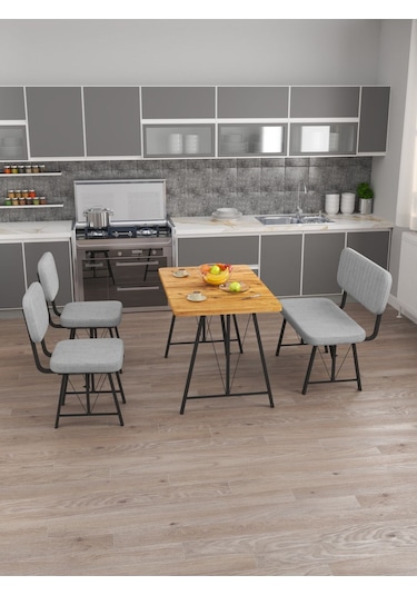 Hayat 70x110 Atlantik Mutfak Masası, Mutfak Masası Takımı, Yemek Masası, 2 Sandalye 1 Bench - Açık Gri Açık Gri