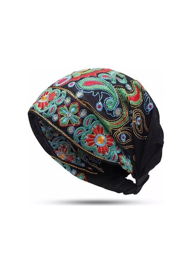 Etnik Vintage Işlemeli Çiçekler Seyahat Bandana Kırmızı Baskılı Şapka A4brda Renkli Çok Renkli
