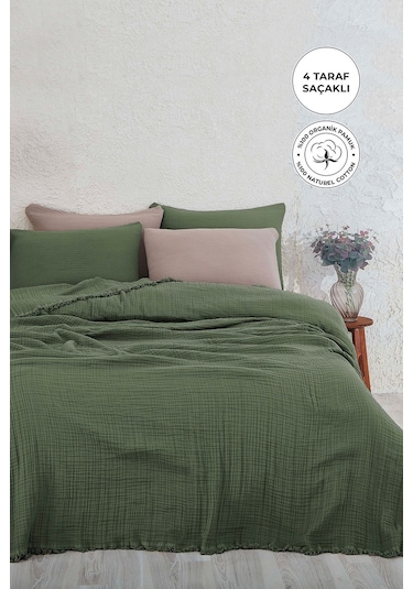 %100 Pamuk Müslin Yatak Örtüsü Tek Kişilik 4 Katlı Battaniye 2 Parça Müslin Pike Seti Yeşil Yeşil